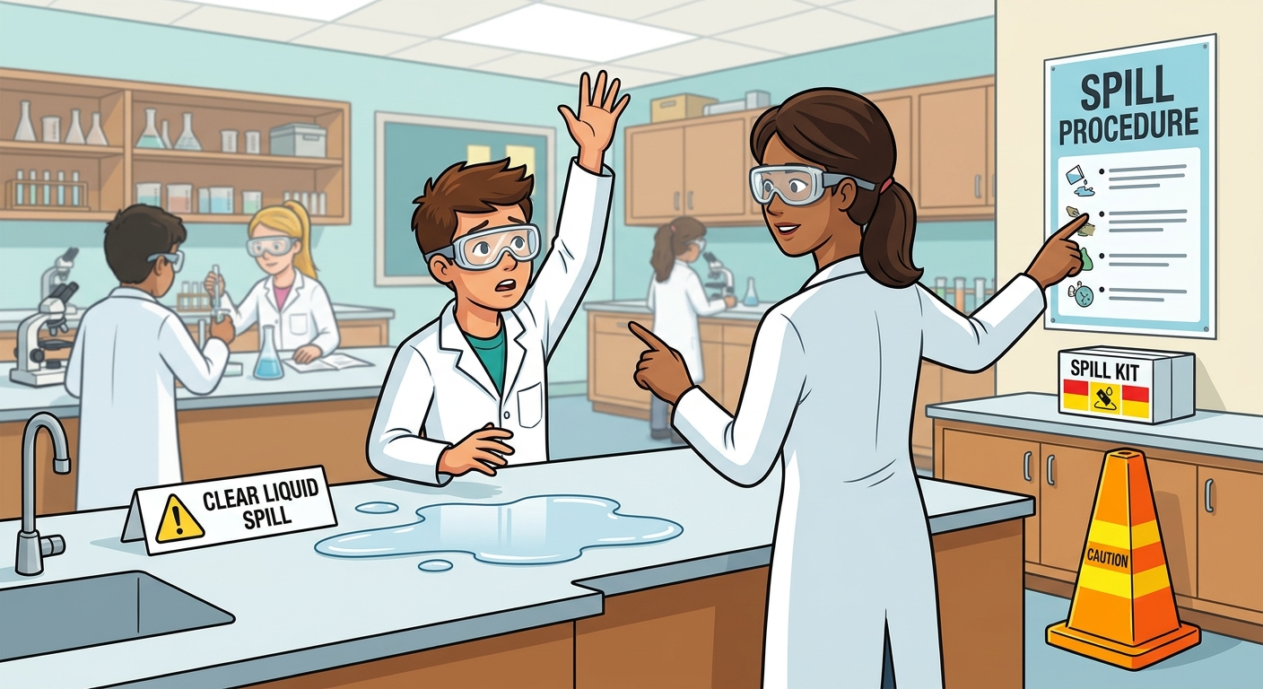 Student in a lab notifies the teacher about a chemical spill; a spill kit and caution cone are nearby.