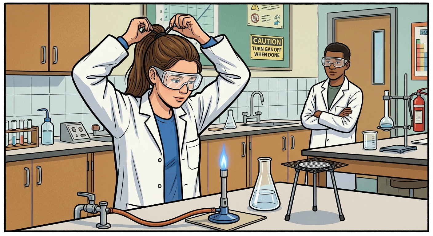 Student ties back long hair and secures loose clothing before using a Bunsen burner.