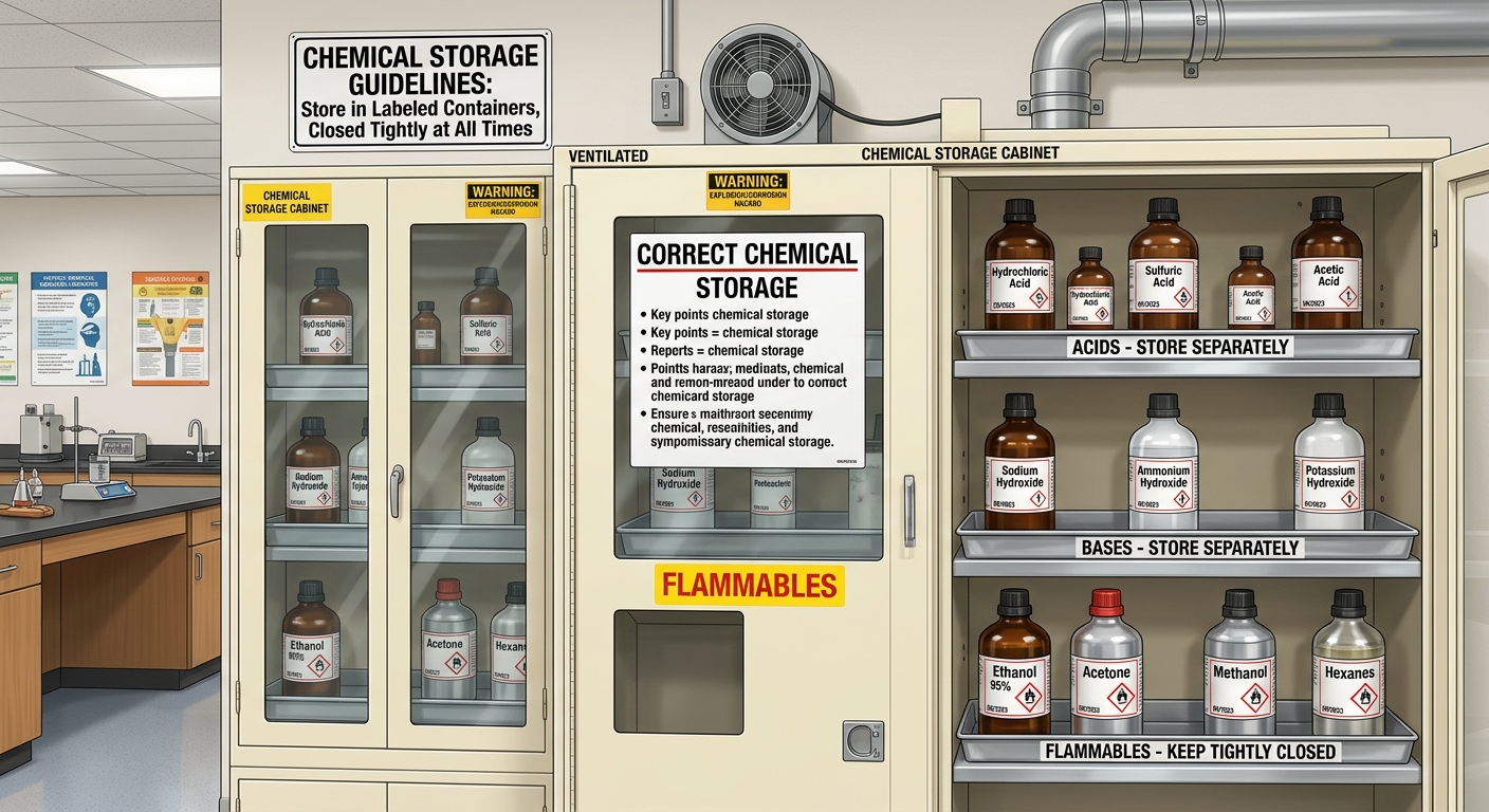 Labeled chemical cabinet with bottles stored in compatible groups and containers tightly closed.