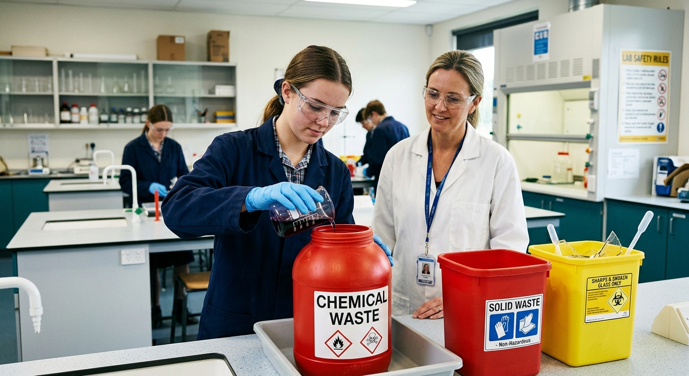 Student disposes leftover chemicals into a labeled chemical waste container while a teacher supervises.