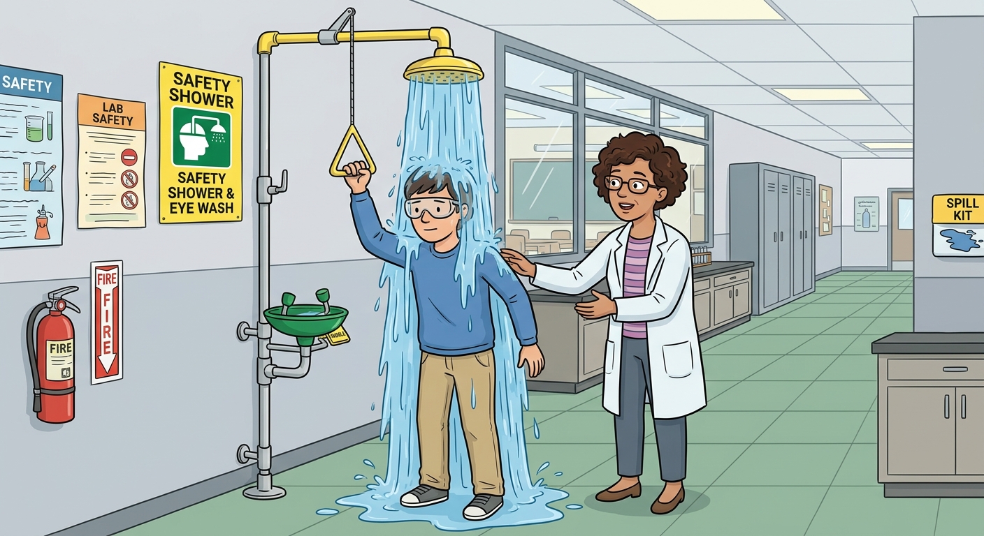 Student uses a safety shower to rinse chemicals off their body while a teacher assists.