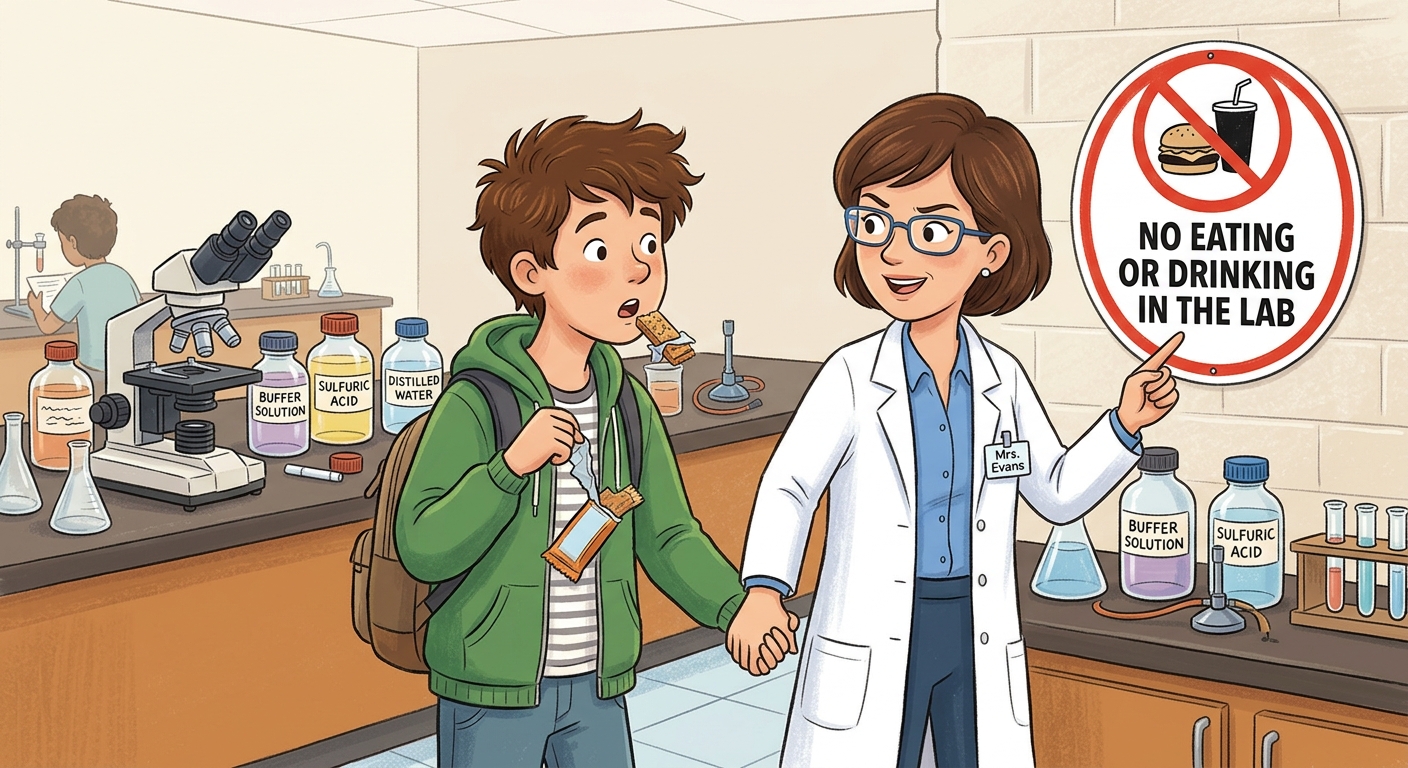 Teacher stops a student from eating in the lab and points to a no eating or drinking sign.
