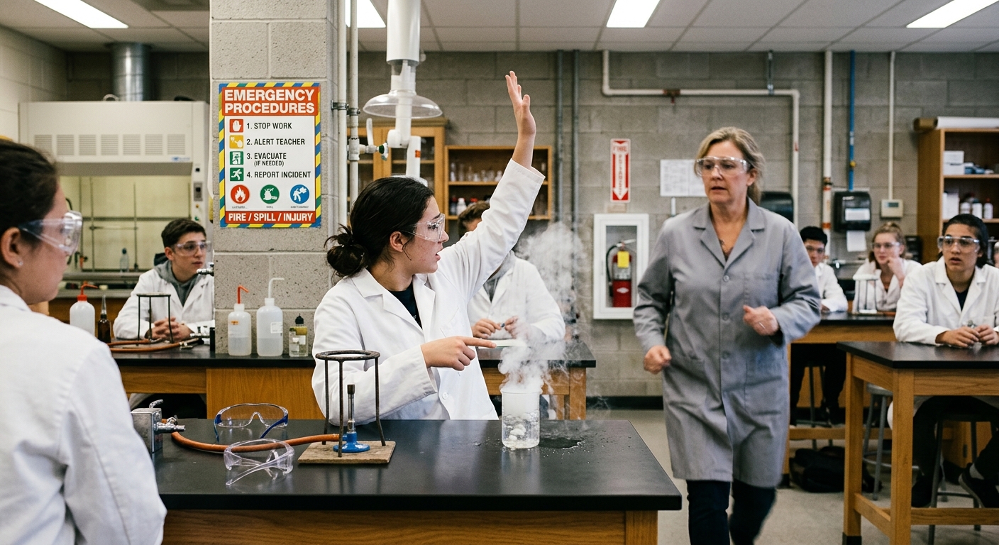 Student alerts the teacher immediately when an emergency occurs in the lab.