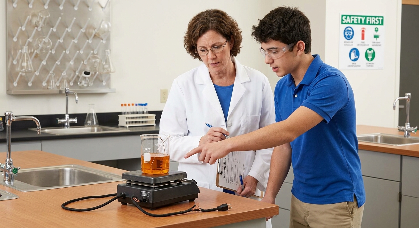 Student reports broken lab equipment to the teacher instead of continuing to use it.
