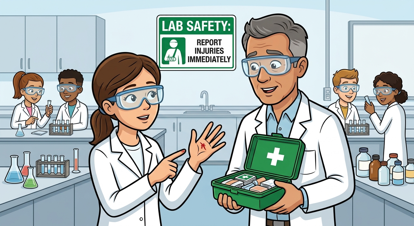Student reports a minor injury to the teacher, and the teacher has a first-aid kit.