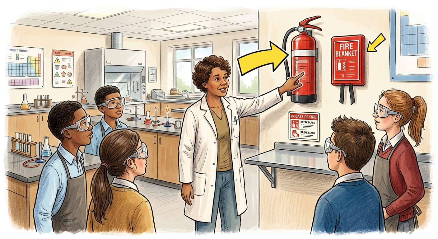 Teacher points out the location of a fire extinguisher in the lab while students look on.