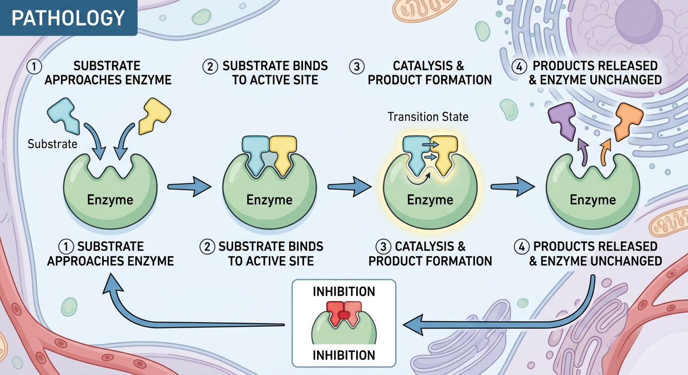 Diagram showing an enzyme binding a substrate and producing products, illustrating catalysis.