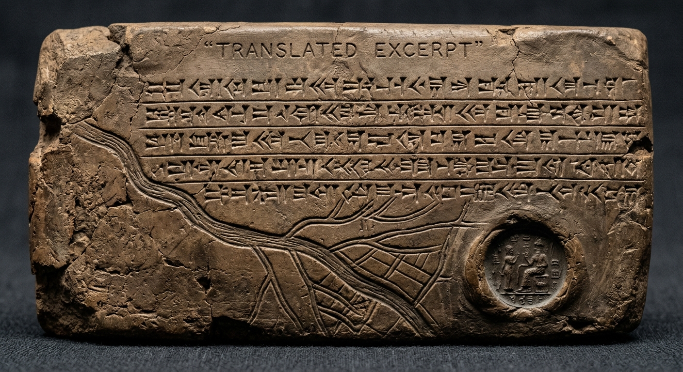 Sepia-toned image of an ancient document with script, a river-and-canals sketch, and a seal impression.