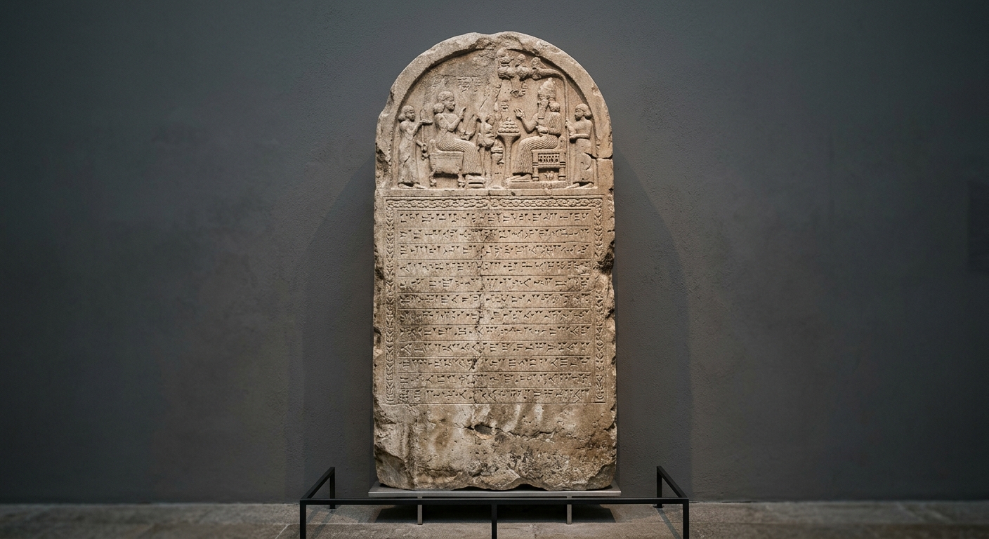 Museum-style photo of a weathered stone stele with carved script and a small relief of officials at the top.