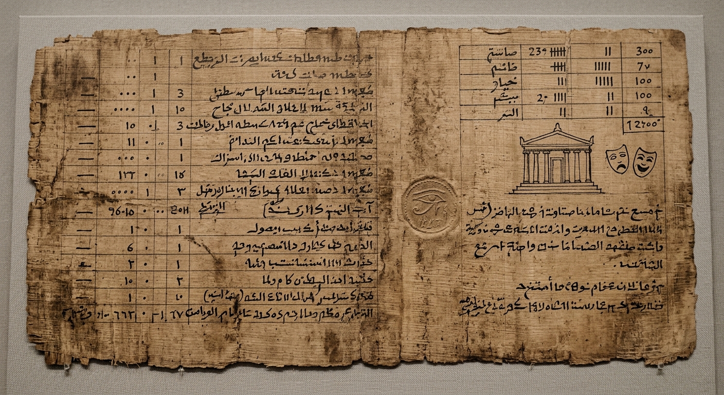 Museum-style photo of an aged papyrus document with columned script, a small temple or theater sketch, and a faint seal.