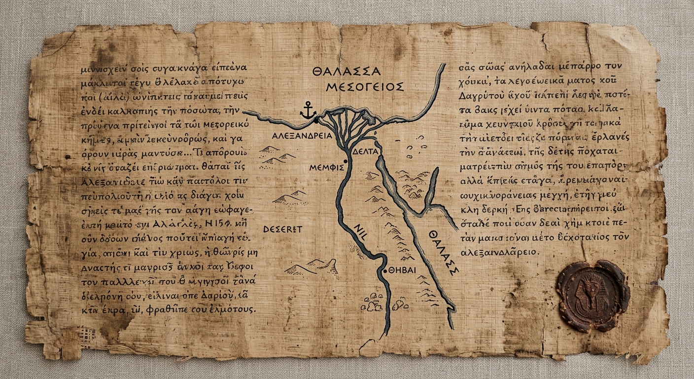 null Aged papyrus document with handwritten text and a simple sketch map of the Nile River and its delta.