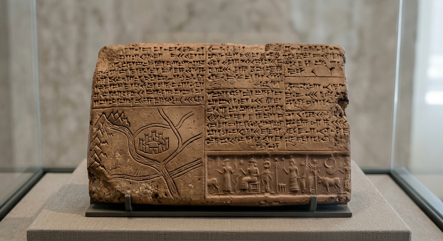 null Ancient clay tablet with wedge-shaped writing and a small incised map of a river, canals, and a walled city.