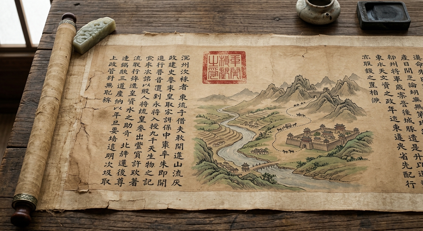 null Ancient scroll with calligraphy, an official seal, and a small map showing a river valley, hills, a walled city, and a trade route.