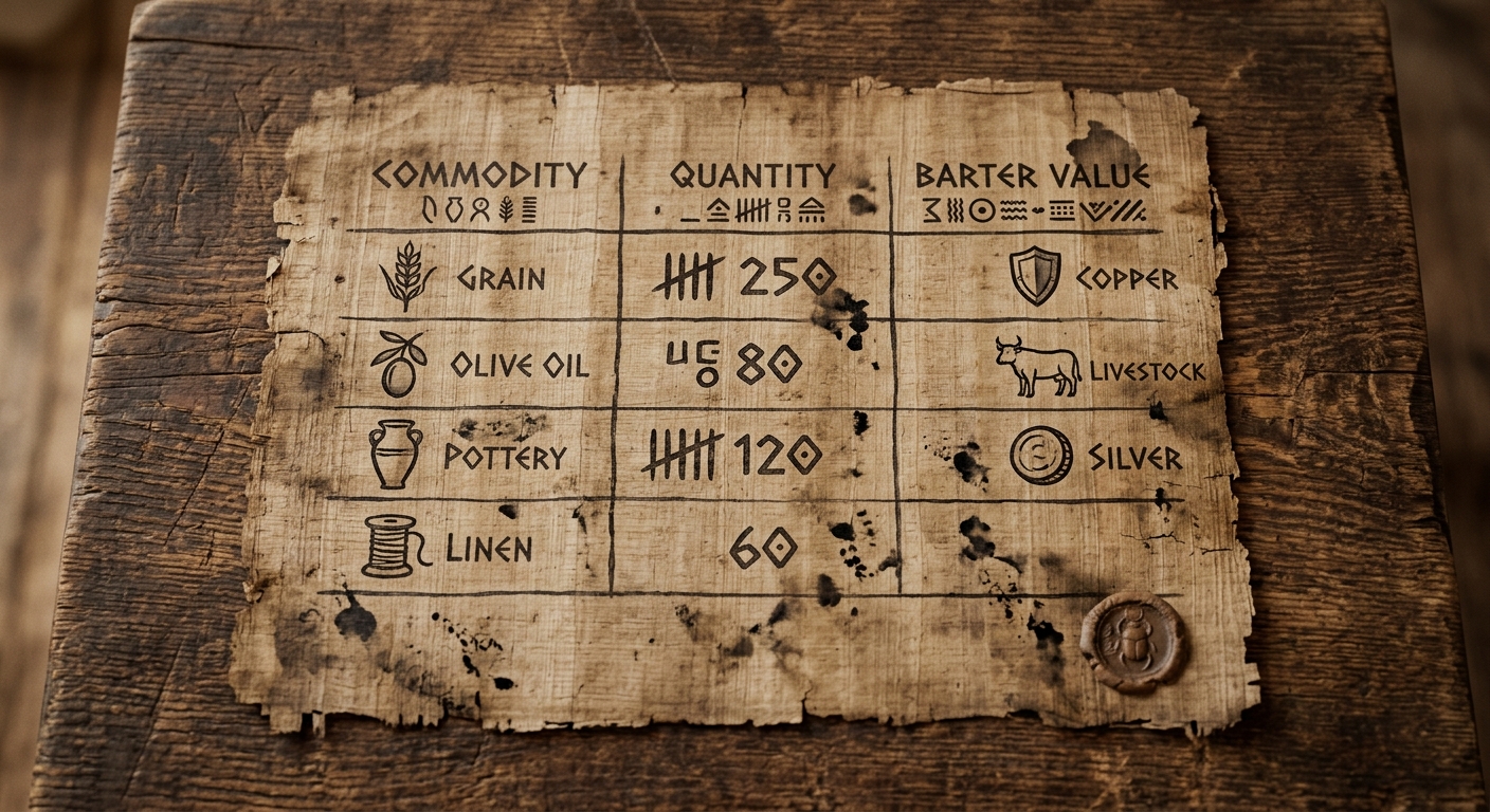 Photo of an ancient papyrus trade ledger with a table listing goods and quantities, plus a small seal impression.