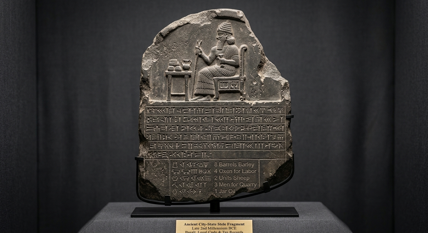 Museum photo of a carved stone stele fragment showing an official and a short law-code style inscription.
