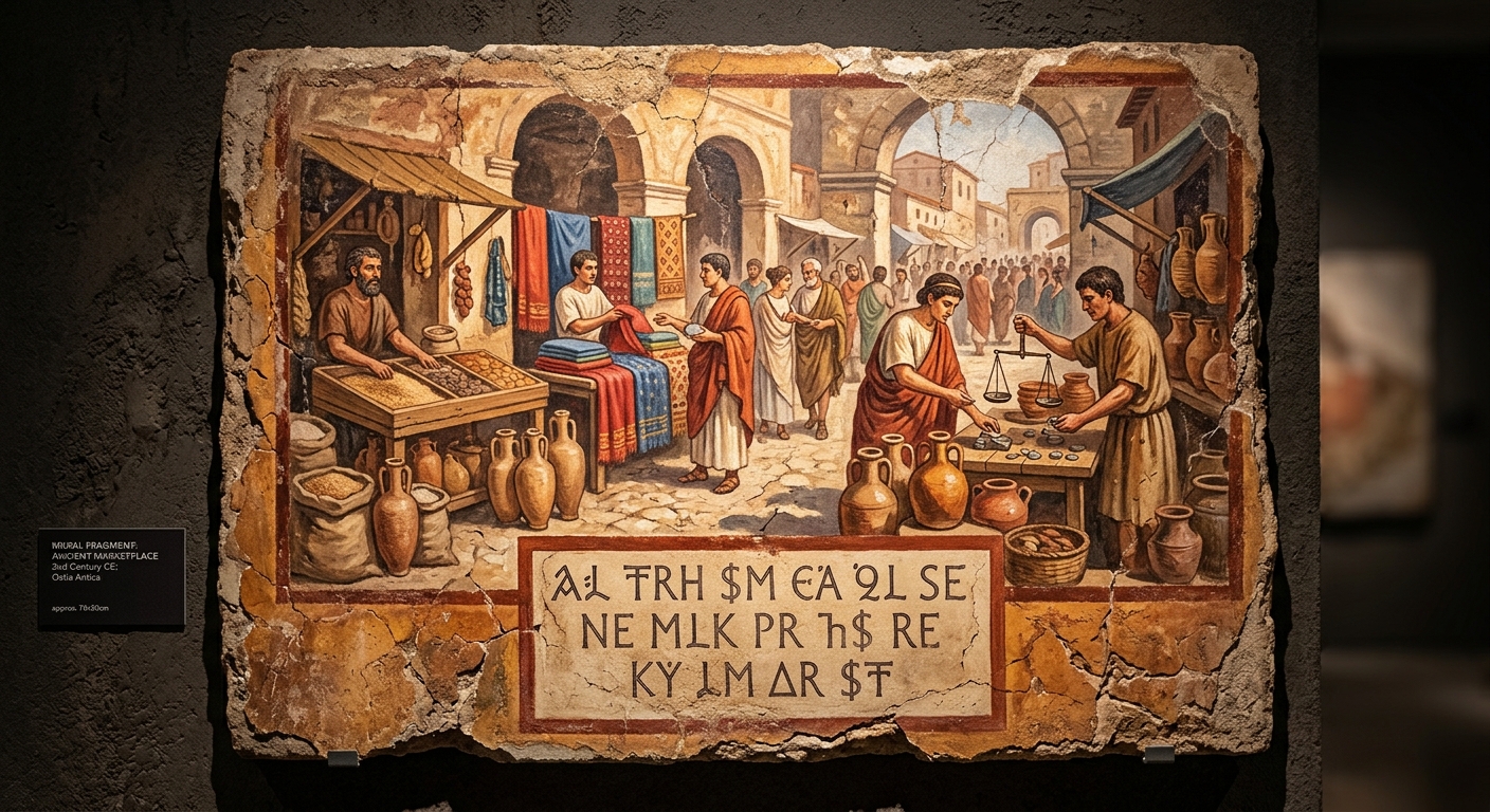 Museum photo of an ancient mural fragment showing a busy marketplace with goods like grain, oil, and cloth.