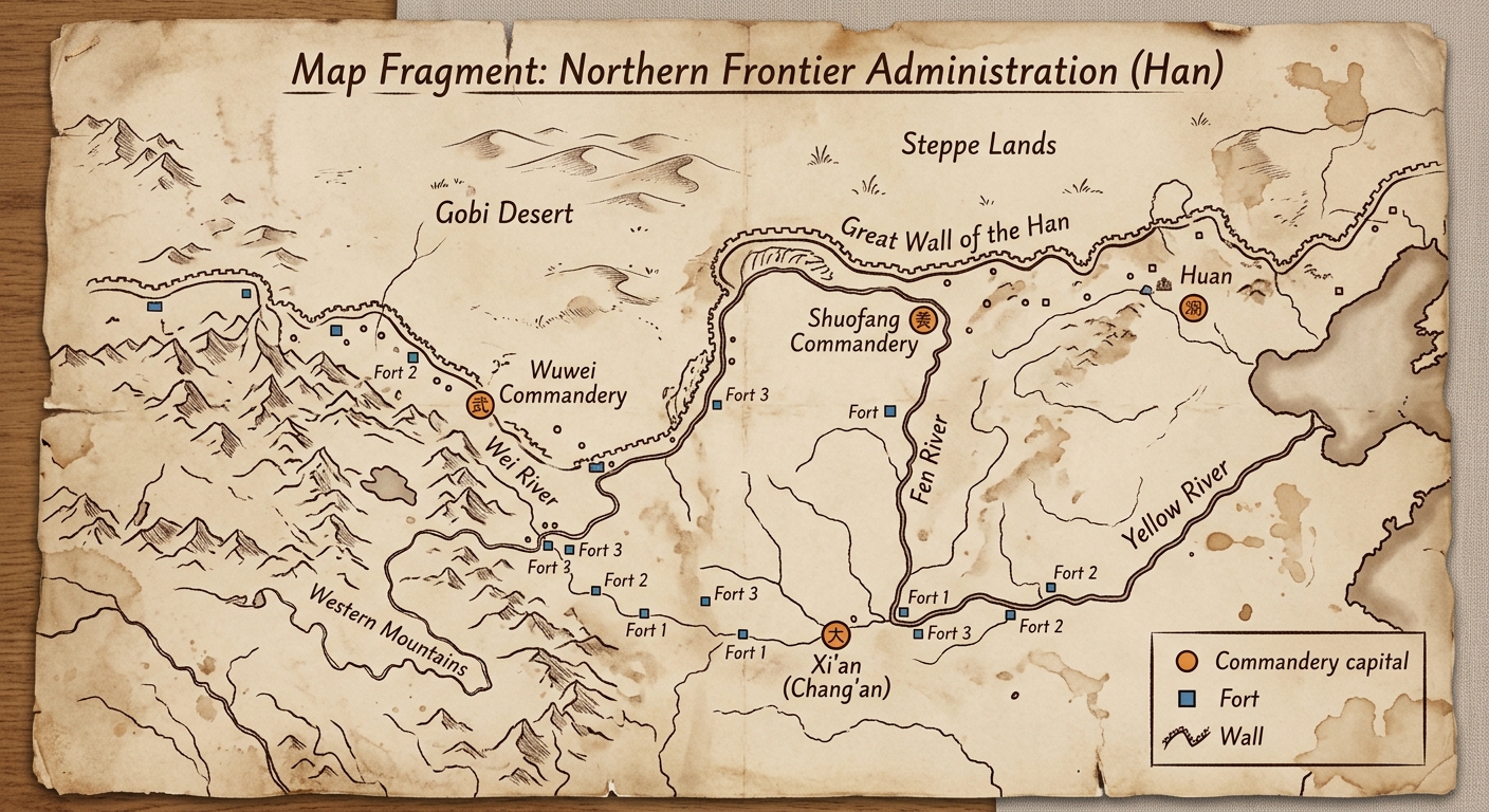 Parchment-style map fragment labeled in English showing the Yellow River, mountains, desert/steppe, commandery capitals, forts, and a defensive wall along the northern frontier.