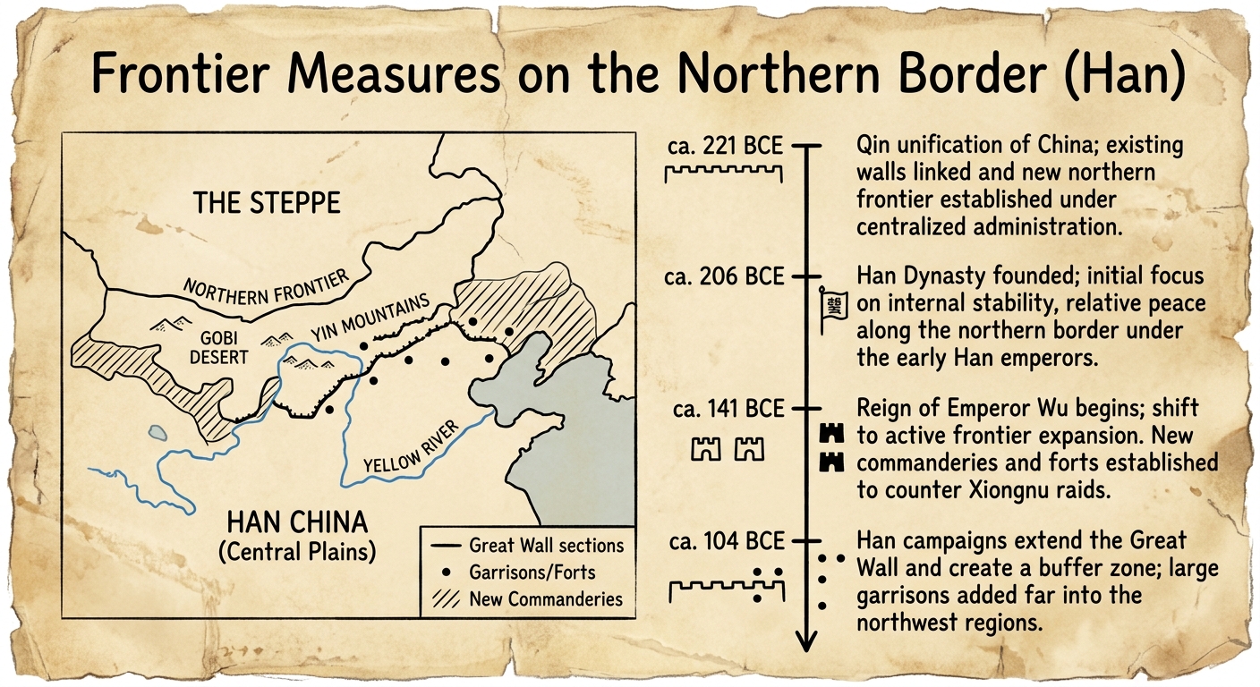 Aged parchment document showing a mini-map of the Han northern frontier and a timeline with four dated entries describing frontier measures from about 221 BCE to 104 BCE.