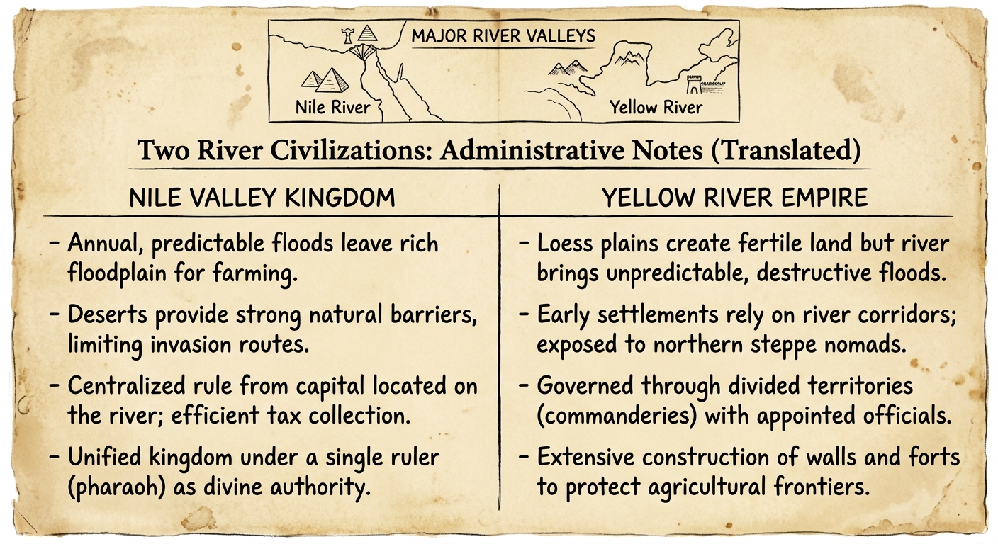 Aged parchment comparison chart contrasting Nile Valley and Yellow River civilizations, with notes linking geography to government organization.