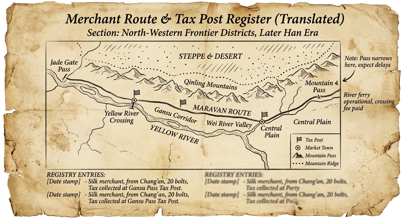Aged parchment map-register showing a river, mountain passes, desert/steppe, a trade route, and marked tax posts and market towns.