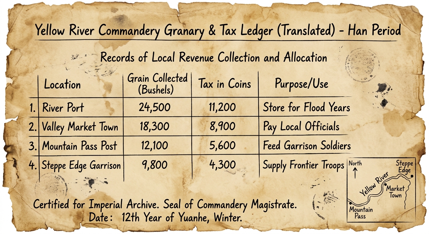 Aged parchment tax and granary ledger with a small table of grain and coin taxes from different frontier locations and a tiny map inset of the Yellow River region.