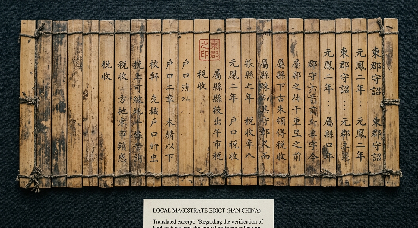 A museum-style image of a Han dynasty bamboo-slip document with ink characters and a red seal, labeled as a translated excerpt of a local magistrate edict.