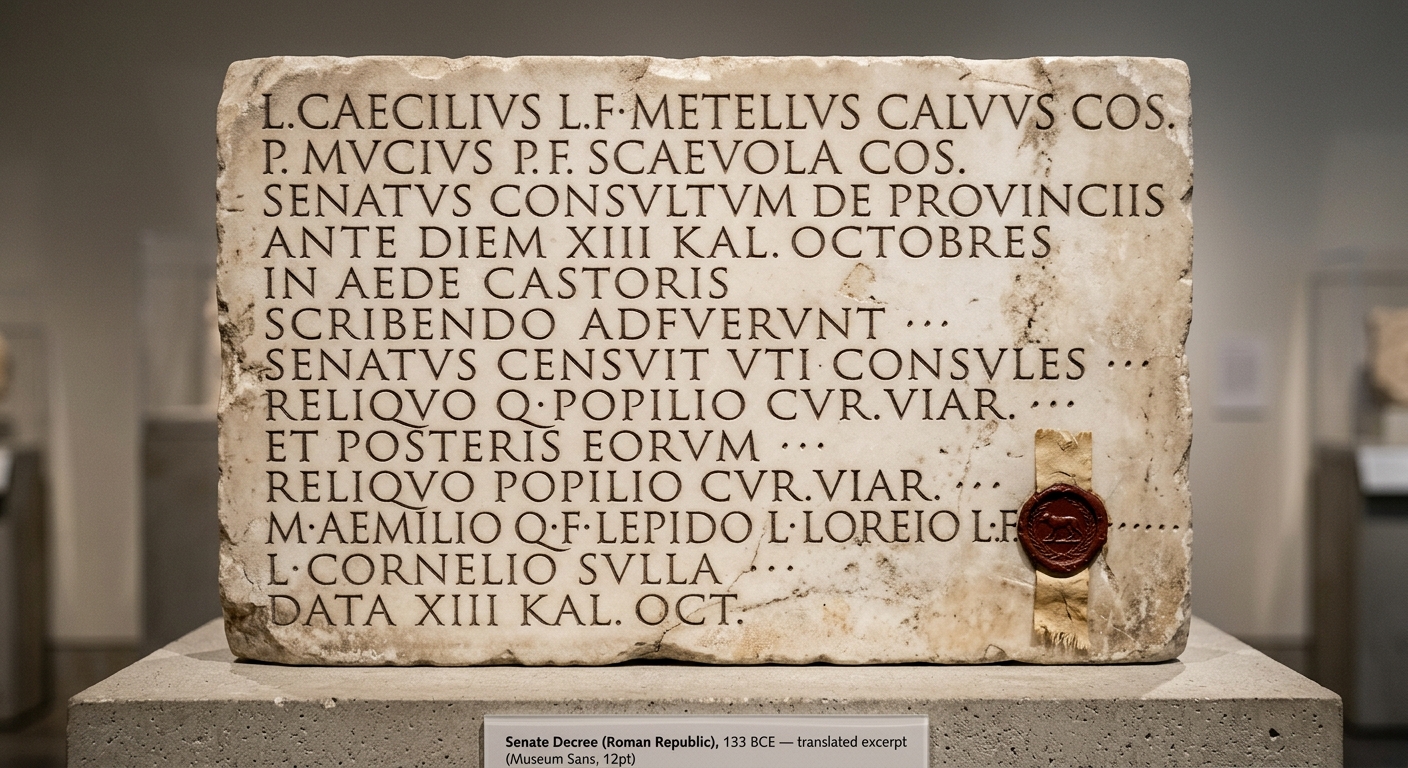 A museum-style image of a worn stone inscription labeled as a Roman Republic senate decree dated 133 BCE.