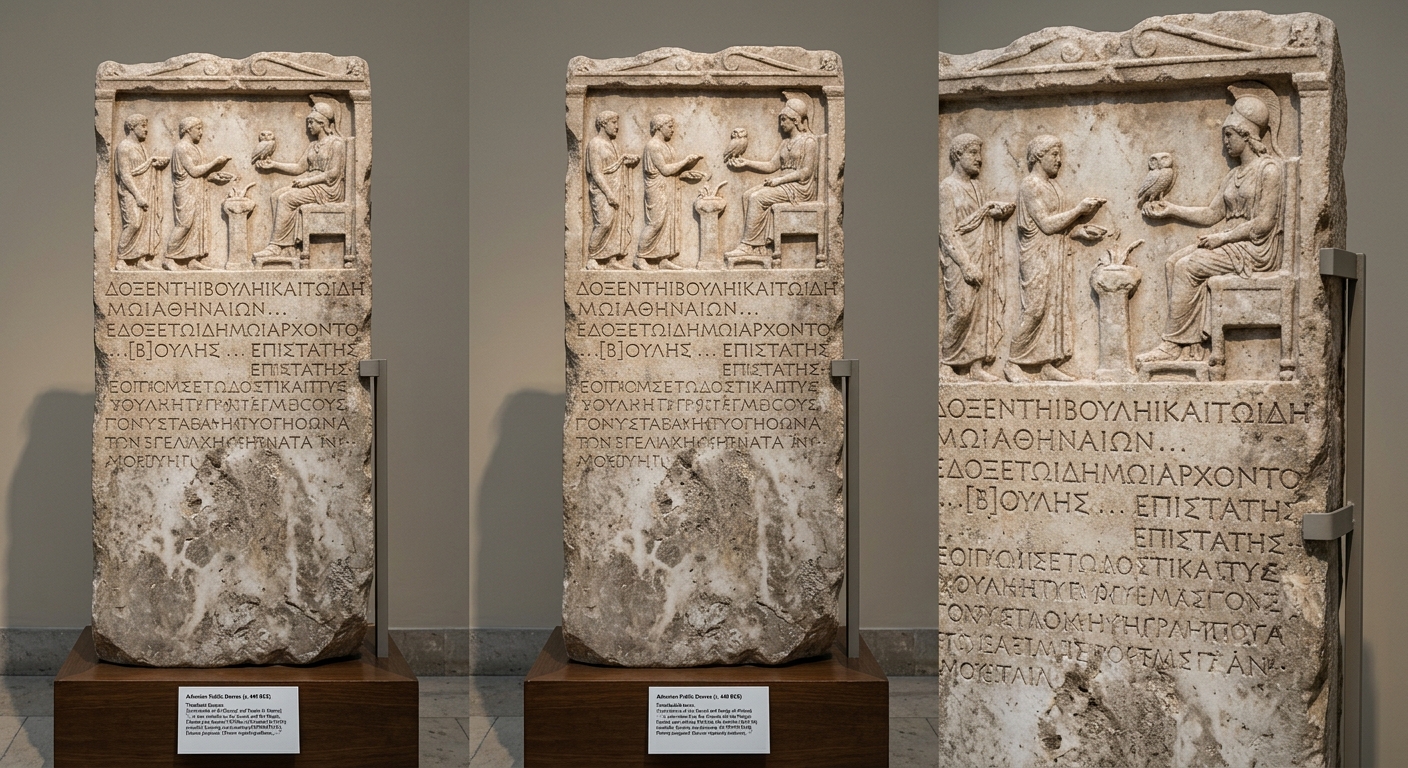 A museum-style image of a weathered marble stele labeled as an Athenian public decree from about 440 BCE.