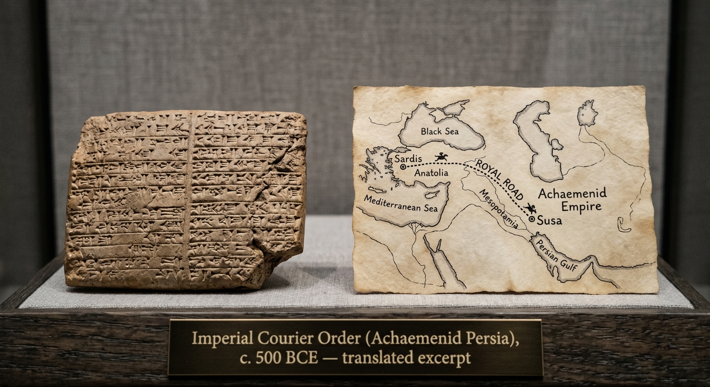 A museum-style image showing a clay tablet and a simple map labeled with the Persian Royal Road between Susa and Sardis.