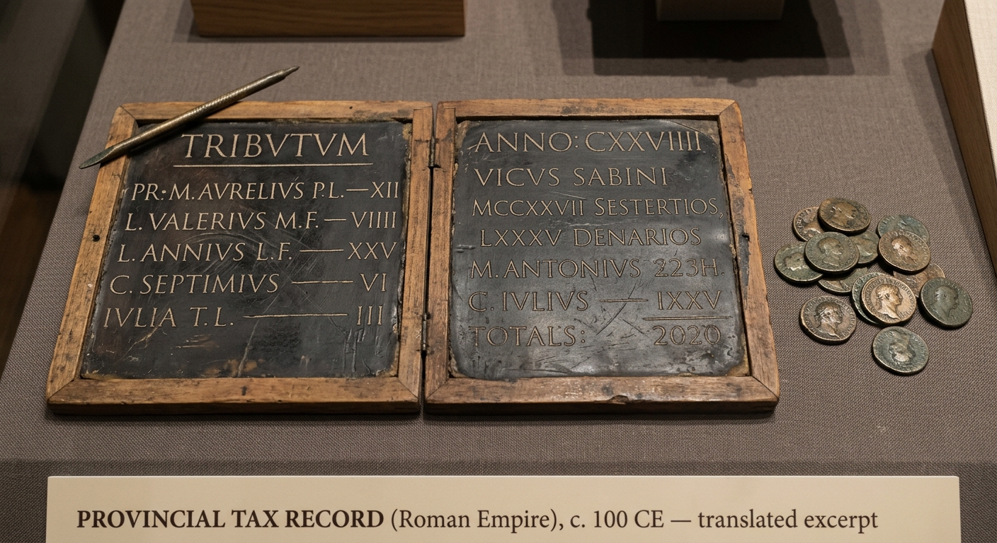 A museum-style image of a Roman wax tablet tax record next to several bronze coins, labeled as a provincial tax record from about 100 CE.