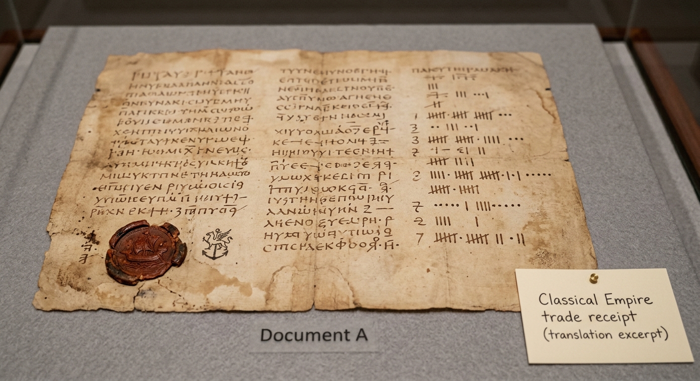 Photo of an ancient trade receipt document with faded handwriting, a red seal, and tally marks, displayed like a museum artifact.