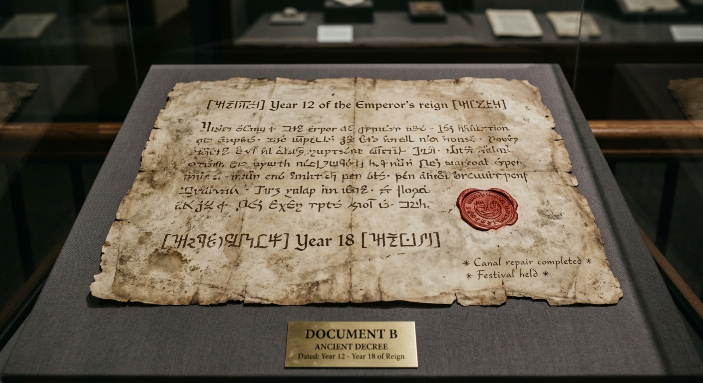 Photo of an ancient decree document with two different dated lines and notes about public works, displayed like a museum artifact.