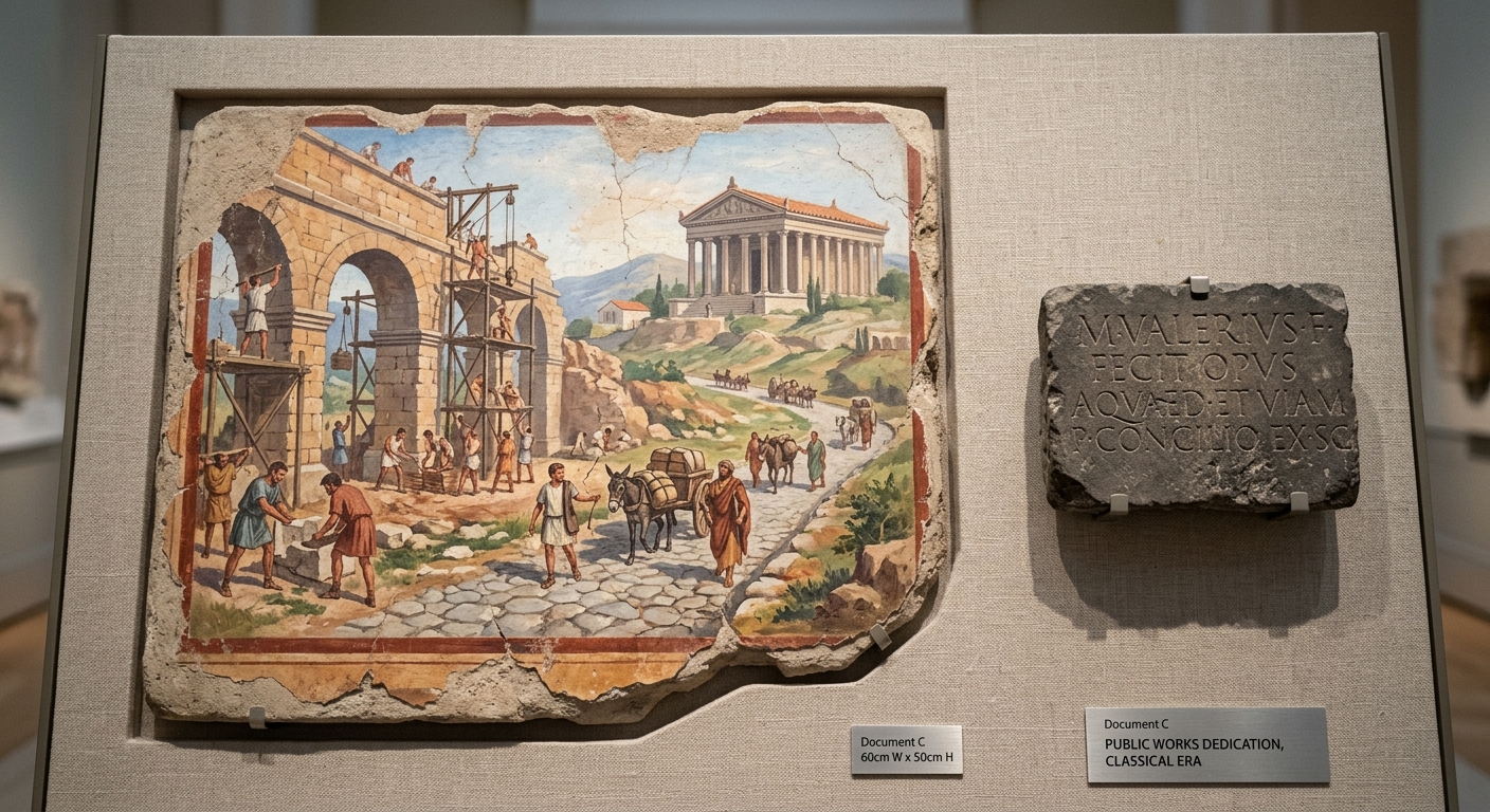 Museum-style photo of a mural fragment and inscription showing public works construction and safe travel in a classical society.