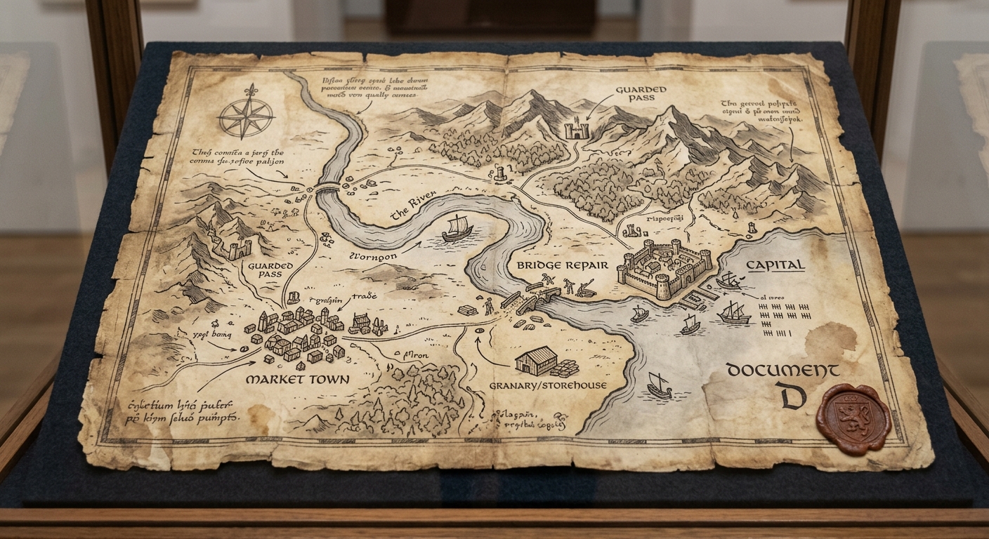 Museum-style photo of an ancient hand-drawn map showing rivers, roads, cities, and notes about guarded routes and markets.