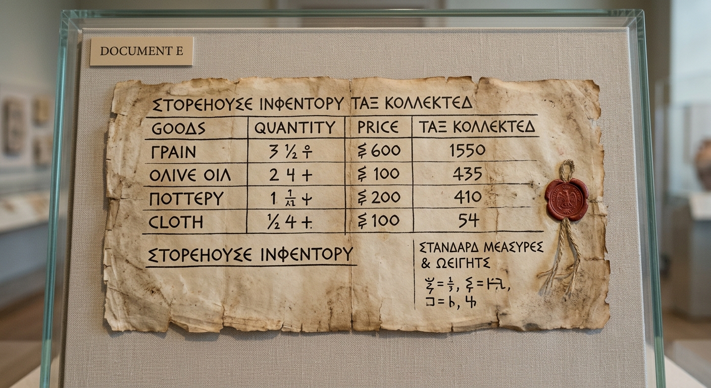 Museum-style photo of an ancient market price list and tax record showing goods, prices, and a seal.