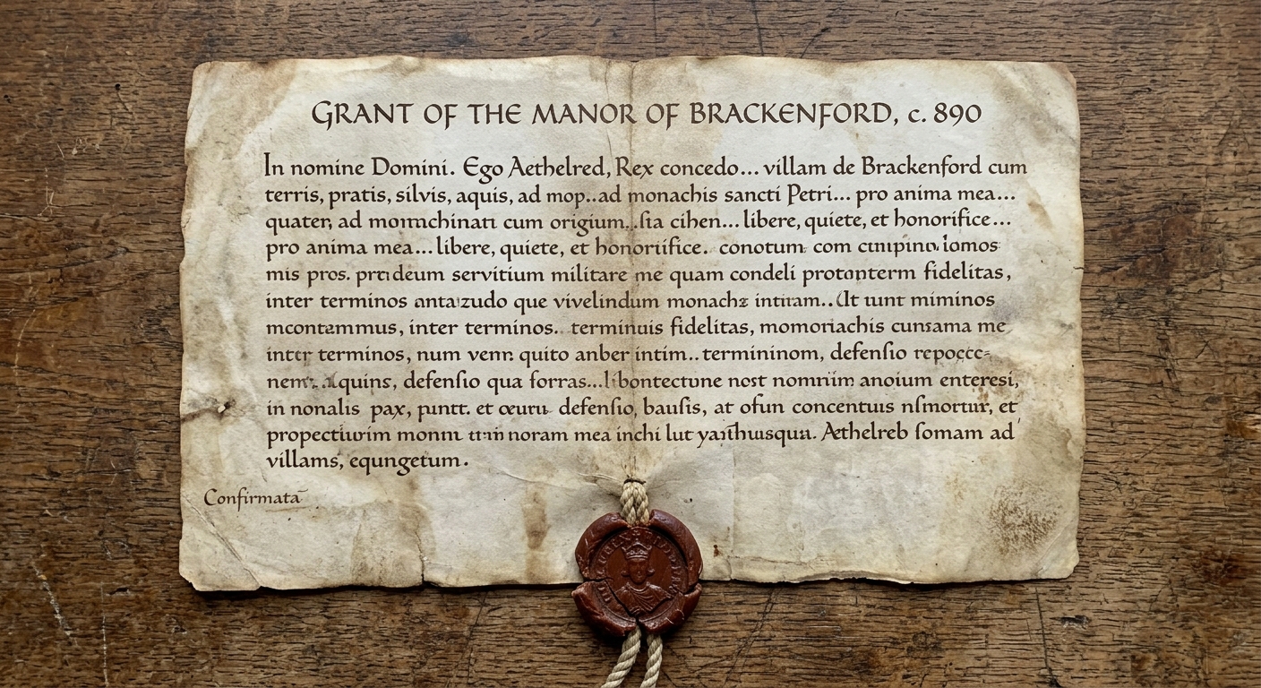 Illustration of a medieval parchment land-grant charter with handwritten text and a red wax seal at the bottom.
