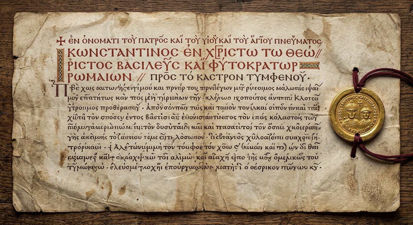 Illustration of a Byzantine imperial edict on parchment with Greek-style writing and a golden seal.