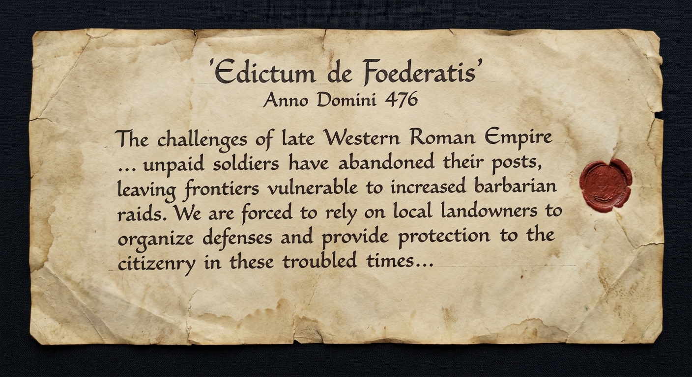 null Parchment-style historical document labeled 476 CE with a short translated edict about unpaid soldiers and frontier raids, with a wax seal in the margin.