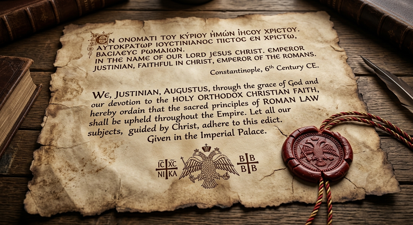 null Byzantine parchment decree labeled Constantinople, 6th century CE, referencing Roman law and the Orthodox Christian faith, with an imperial seal.