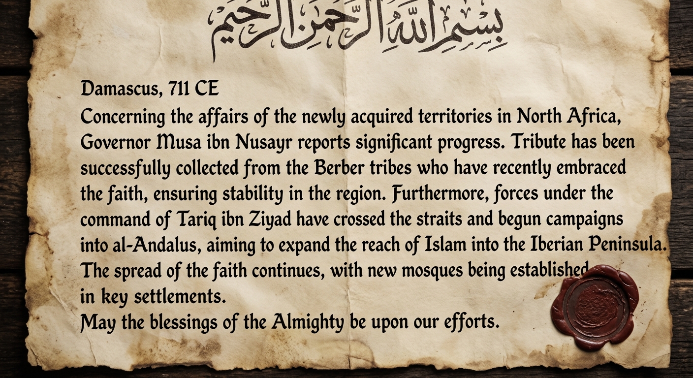 null Parchment-style translated document dated 711 CE describing Muslim expansion into North Africa and the Iberian Peninsula, with an official seal.
