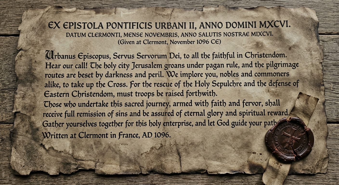 null Parchment-style translated letter dated 1096 CE calling for armed pilgrimage to the Holy Land, with a wax seal.