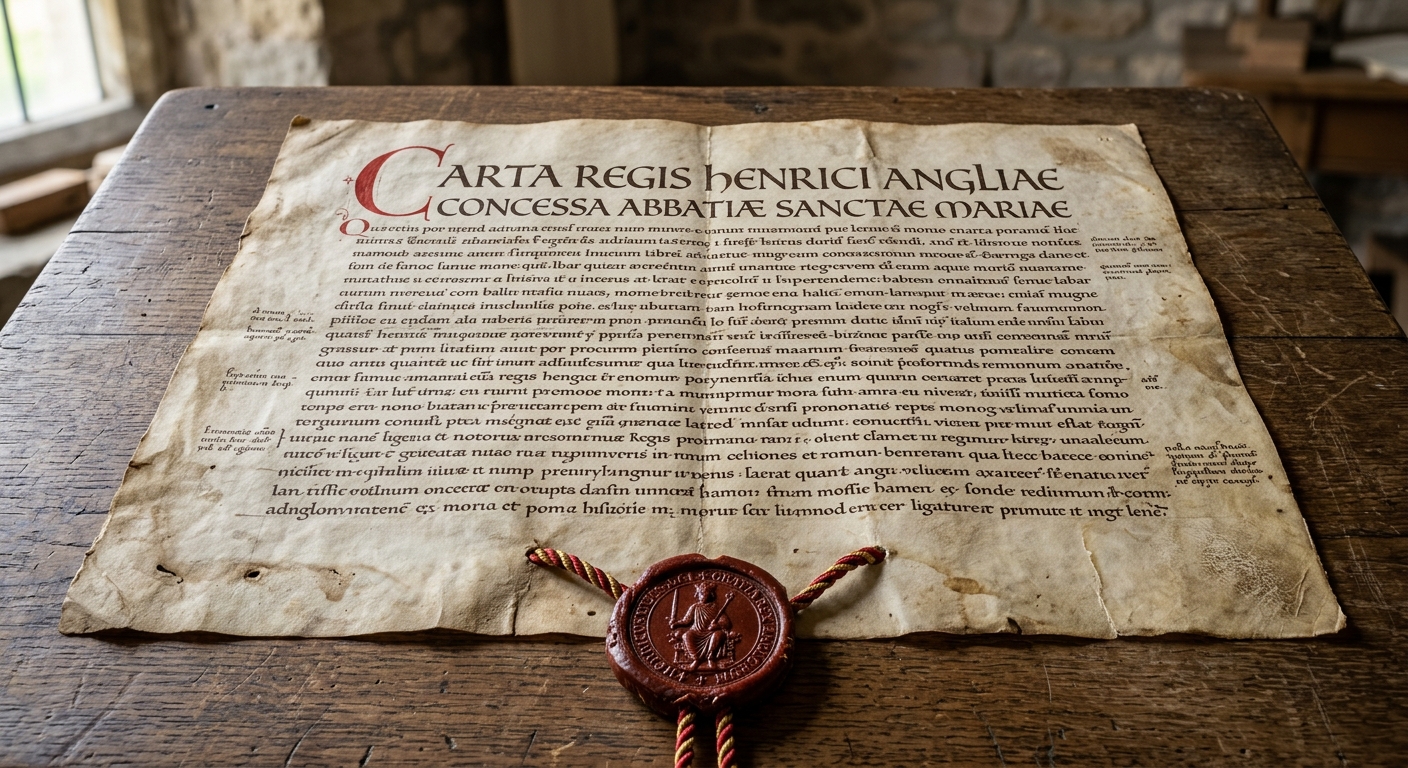 A medieval parchment charter with handwritten lines and a red wax seal hanging from the bottom.