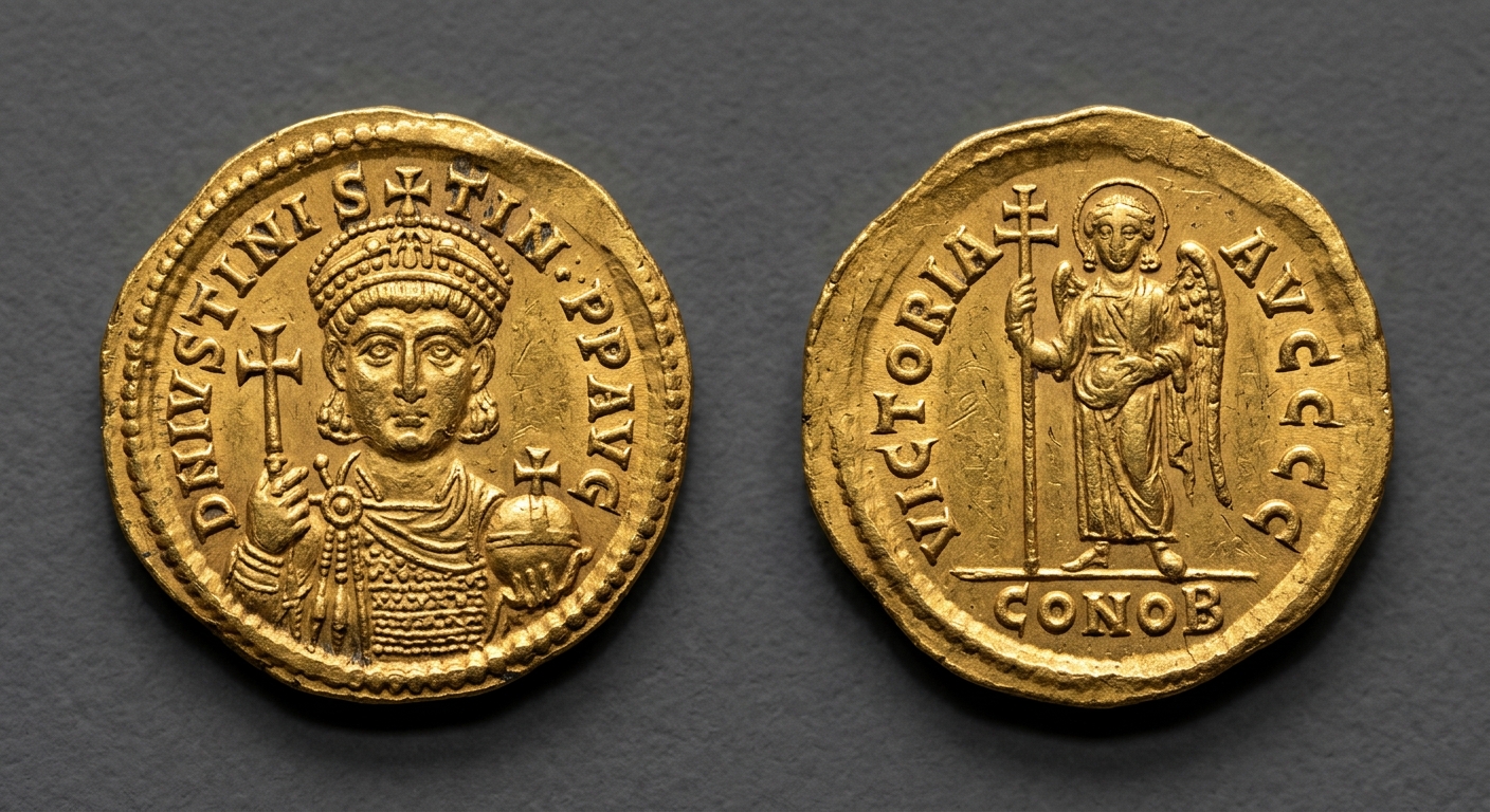 A Byzantine gold coin showing an emperor on one side and a cross-bearing figure on the other.