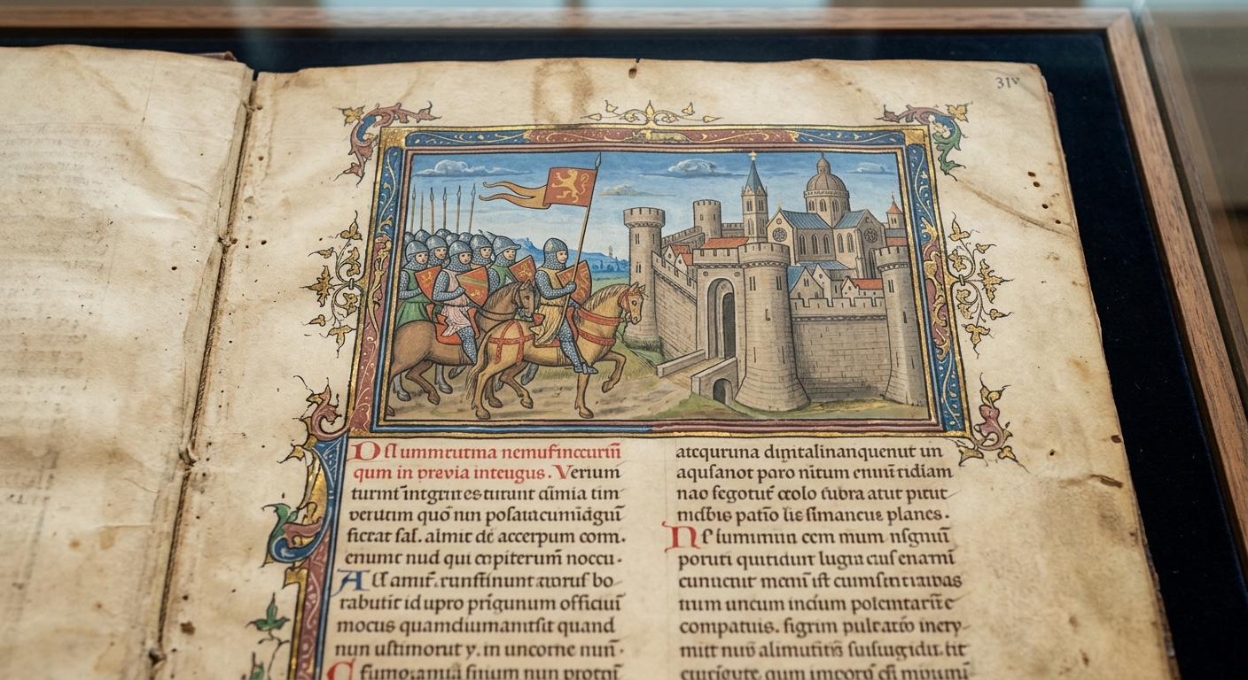 An illuminated manuscript page showing armored knights approaching a walled city, with handwritten text below.