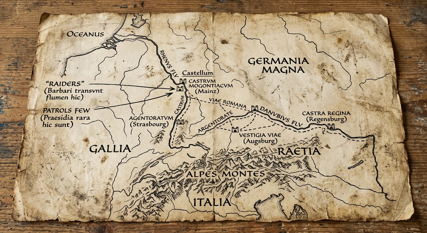 null Aged parchment document with a hand-drawn sketch map of western Europe showing the Rhine and Danube rivers, the Alps, roads, and small fort symbols with notes about raids and few patrols.