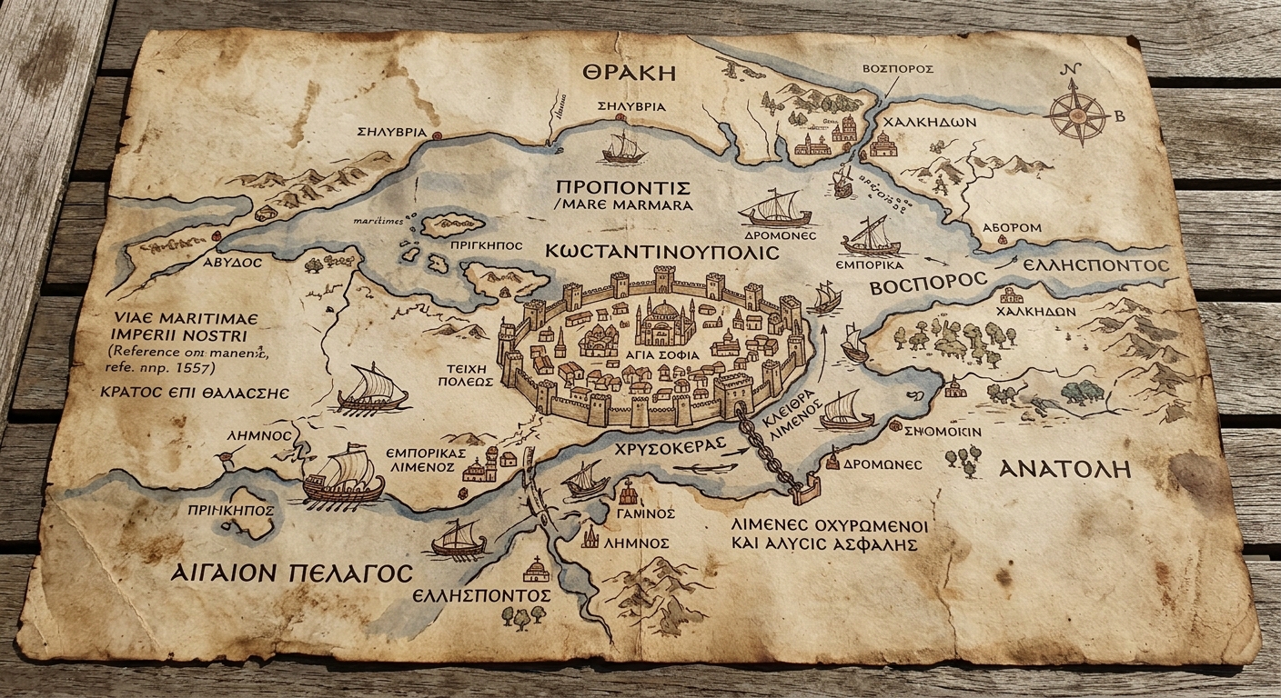 null Aged parchment map of the eastern Mediterranean centered on Constantinople, showing the Bosporus Strait, Golden Horn harbor, surrounding seas, ships, and fortifications.