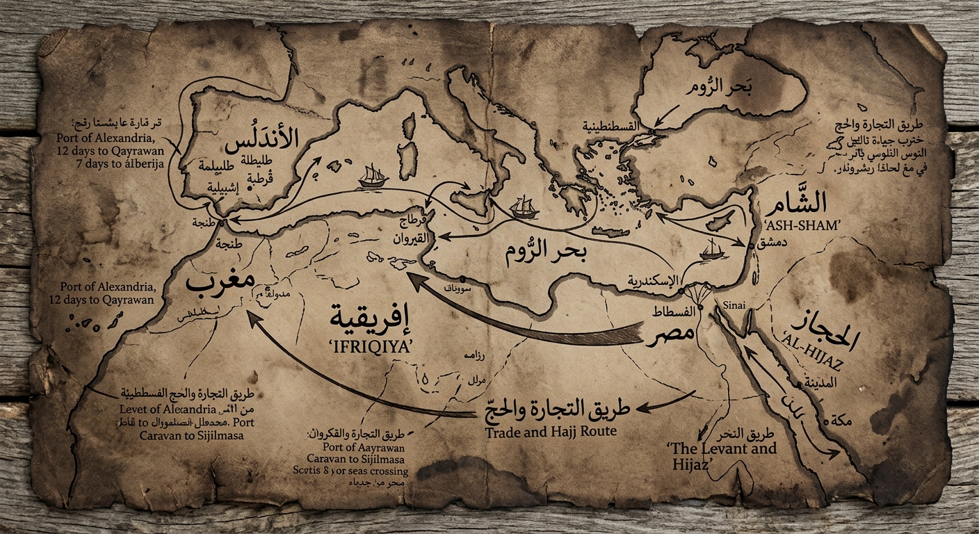 null Aged parchment map showing routes of Islamic expansion across the Mediterranean to North Africa and the Iberian Peninsula, with ports and sea crossings marked.