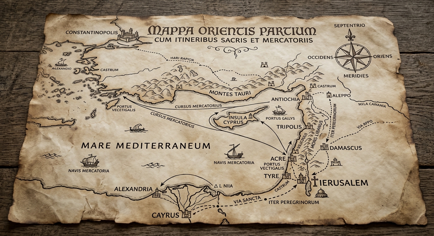 null Aged parchment Crusader-era map of the eastern Mediterranean showing Jerusalem and key coastal ports, with land and sea routes marked and notes about fortified routes and taxed harbors.