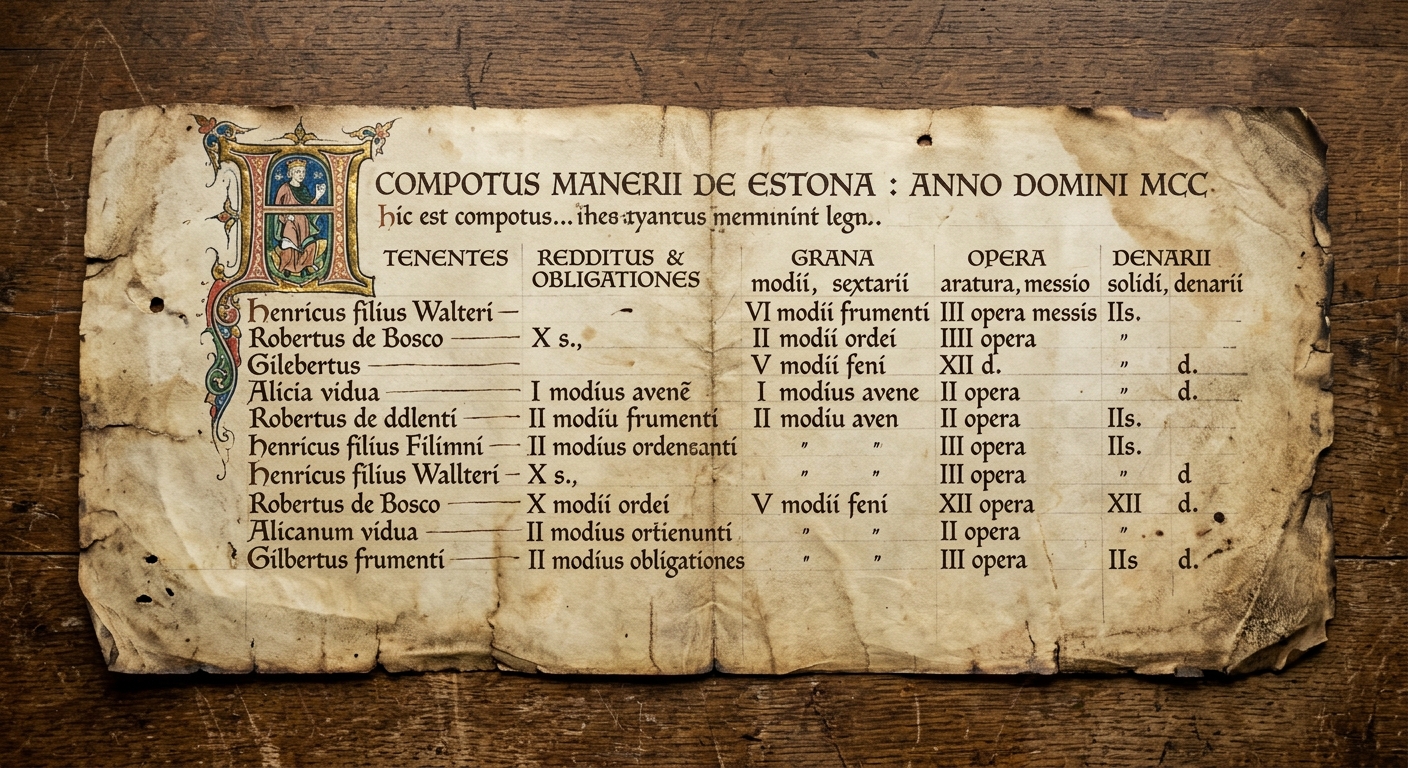 A parchment manorial rent ledger from medieval Europe showing handwritten lists of tenant dues in grain, labor, and coin.
