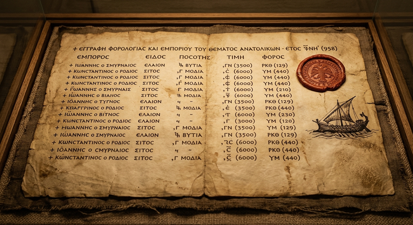 A Byzantine parchment record with Greek writing and an imperial seal, suggesting taxes or trade records.